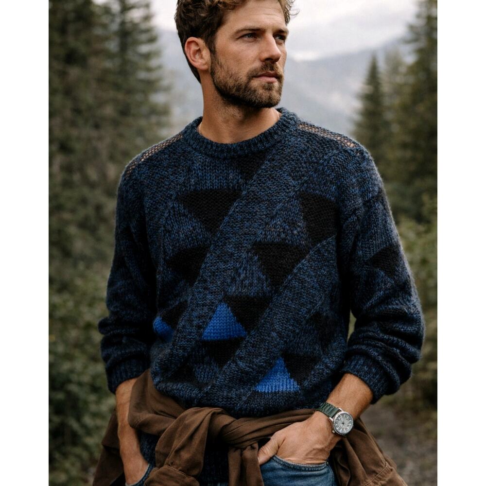 Huckberry Vintage M Vintage 80's Triangle COSBY Sweater Long Sleeve Blue y2k